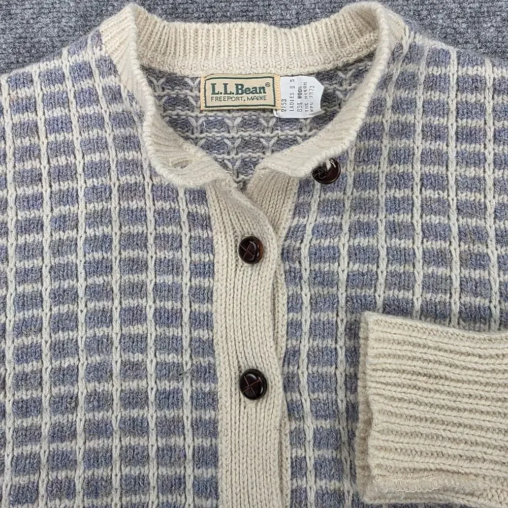Vintage LL Bean Sweater Womens Small Blue Check Wool Button Cardigan Knit USA - Picture 11 of 13
